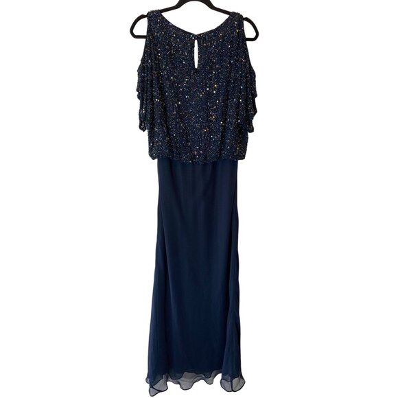 Jkara Formal Maxi Dress Navy Blue Heavily Sequined Chiffon Gown Size 10 - Picture 2 of 9